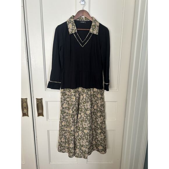 eShakti Floral Midi Length Fit and Flare Dress Womens Size 16 Black Green - Picture 1 of 10